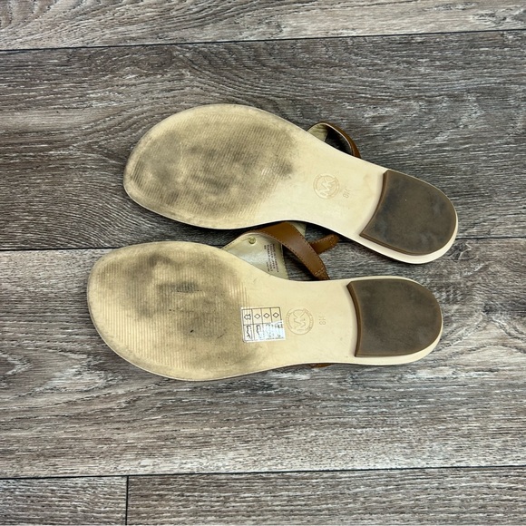 Michael Kors Womens 8 Congac Leather Gold MK Madellion Slip On Thong Sandals - Picture 11 of 11
